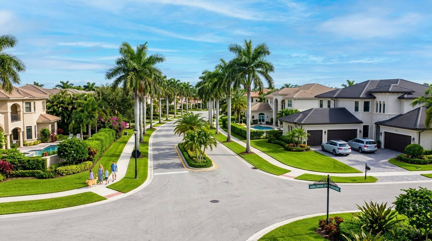Parkland, Florida homes for sale — Aerial view of a luxury gated Parkland Florida community with palm-lined streets and estate homes